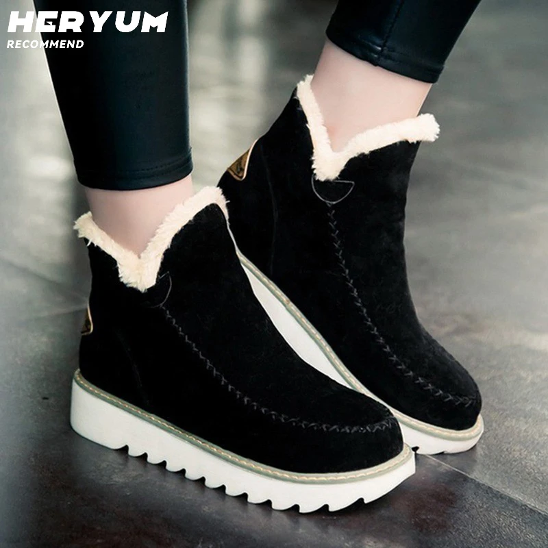 

Женские ботинки с круглым носком, черные, бежевые или коричневые Теплые ботильоны на плюшевой подкладке, без застежки, на плоской подошве, большие размеры 34-43, для осени и зимы