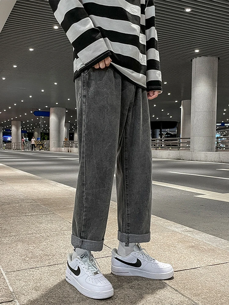 Korean Fashion Men's Baggy Jeans Classic All-match Solid Color Straight-leg Denim Streetwear Wide-leg Pants Male Brand Trousers