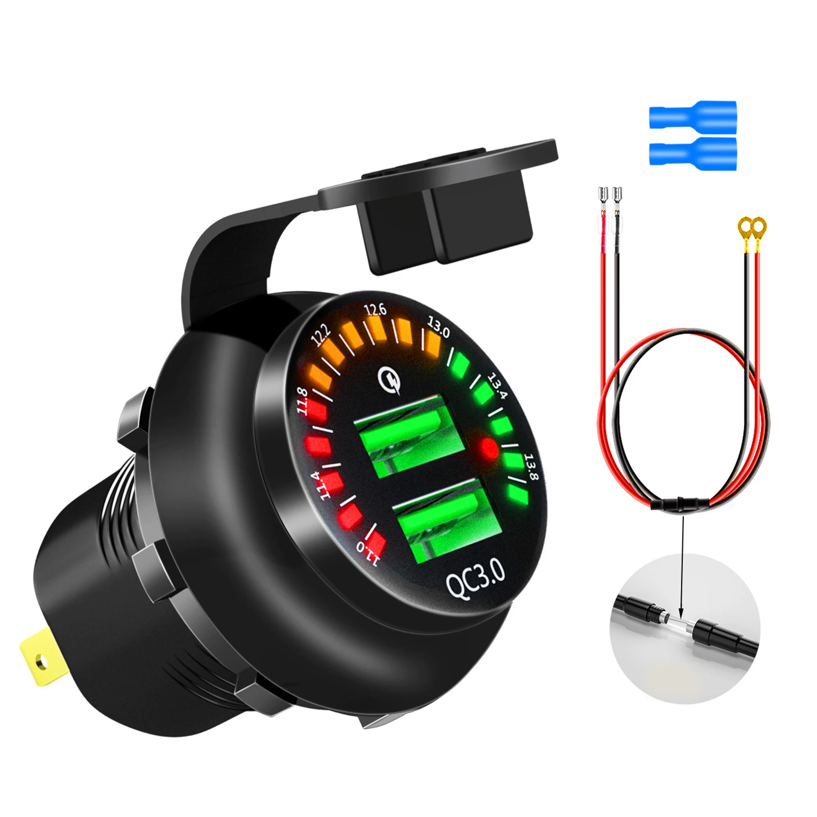 

Adapter With Voltmeter Dual USB Ports Black Multi Protection Quick Vehicle Mobile Phone Marine Smart Tablets Car Charger