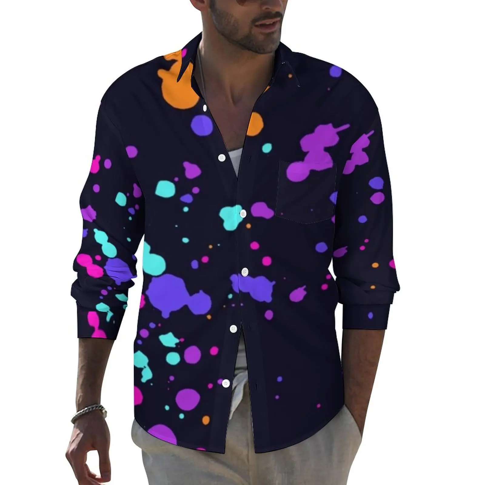 

Colorful Splash Shirt Men Trippy Print Casual Shirts Autumn Y2K Design Blouses Long Sleeve Cool Oversized Clothing Gift