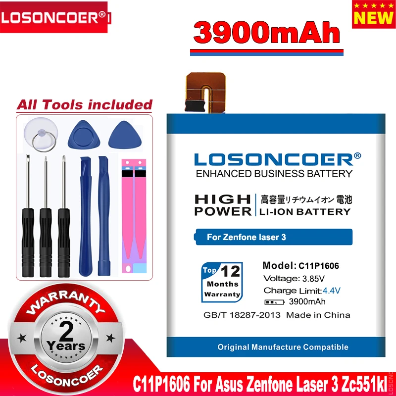 

LOSONCOER 3900mAh C11P1606 Battery For Asus Zenfone Laser 3 Zc551kl Z01BDA/BDC Smart Phone Batteries+Quick Arrive