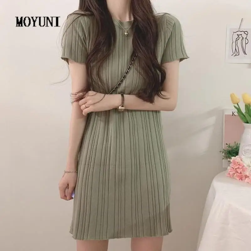 

Sweet Loose O Neck Purple Short Sleeve Pleated Dress Mini Solid Wild Summer High Waist A Line Korean Vestidos Knitted Bodycon