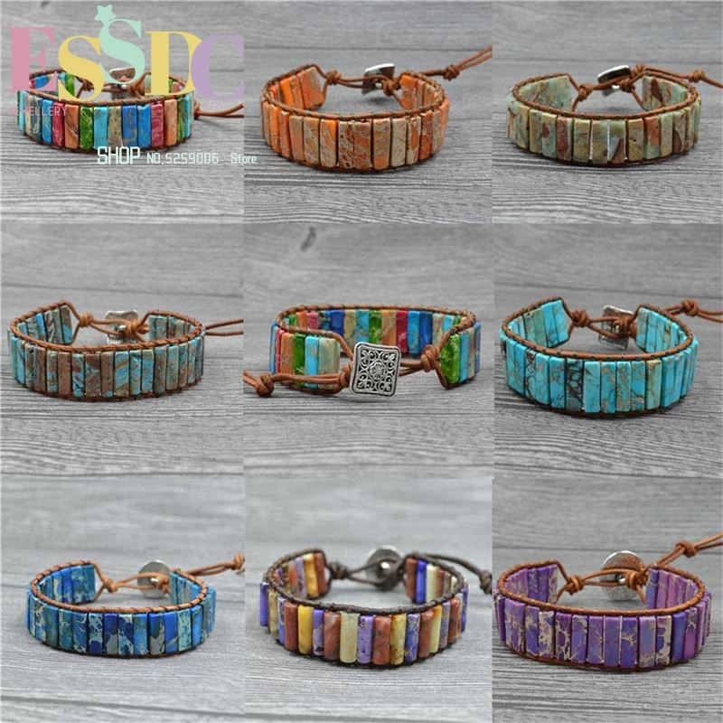 

Wholesale 8 Styles Colorful Regalite Gems Stone Wrap Hand Woven One Layer Leather Bracelets Fashion Unisex Boho Jewelry