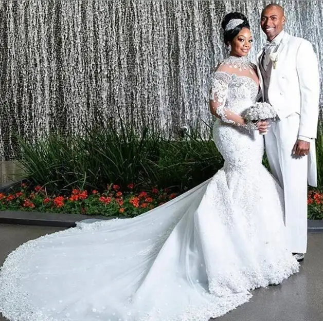 

Luxury Lace Hand Beaded Plus Size African Mermaid Wedding Dress Custom Made Bride Bridal