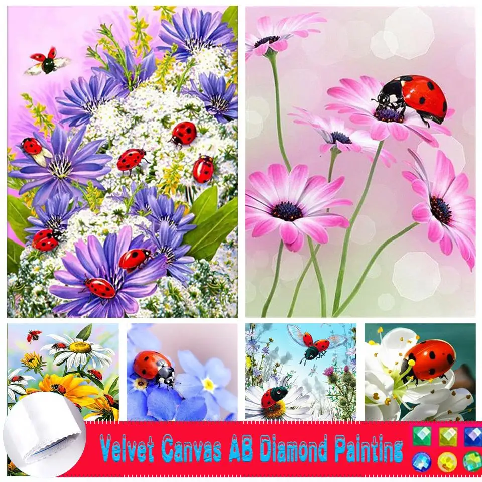 

5D DIY Velvet Canva AB Diamond Painting Flowers Ladybug Cross Stitch Kit Full Drill Embroidery Mosaic Art Picture Of Rhinestones
