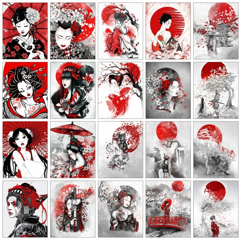 

AZQSD Painting By Numbers For Adults Black Red Landscape Home Decor Japanese Coloring By Numbers Woman Portrait Picture Art