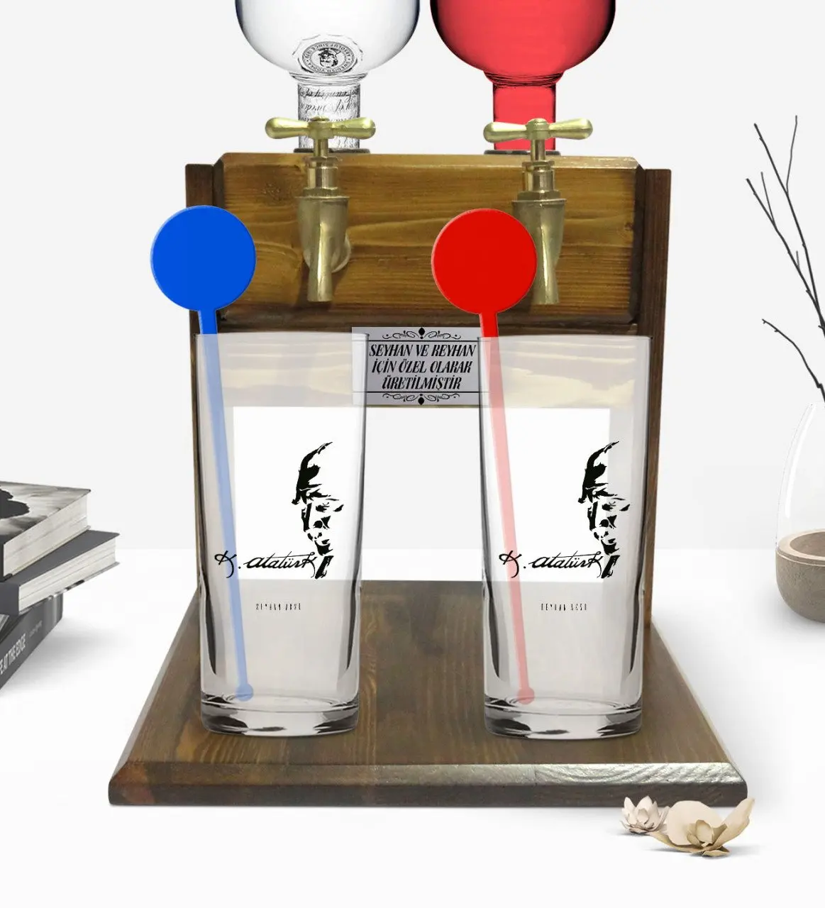 

Personalized Colorful Printed Ataturk Themed Dual Vodka Cup and Double Tap Natural Wood Vodka Standı-21