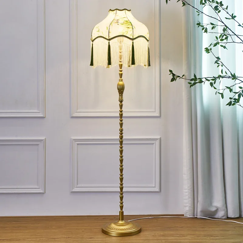 

French Pastoral Retro Creative Floor Lamp American Bedside Mid-Ancient Tassel Study Vertical Lamp