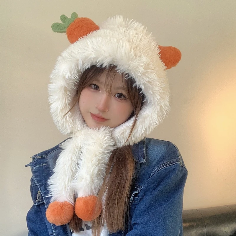 Hat Carrot Plush Lace-up Lei Feng Girl Winter Thick Warm Cold-Proof Earmuff Sleeve Cap Cute