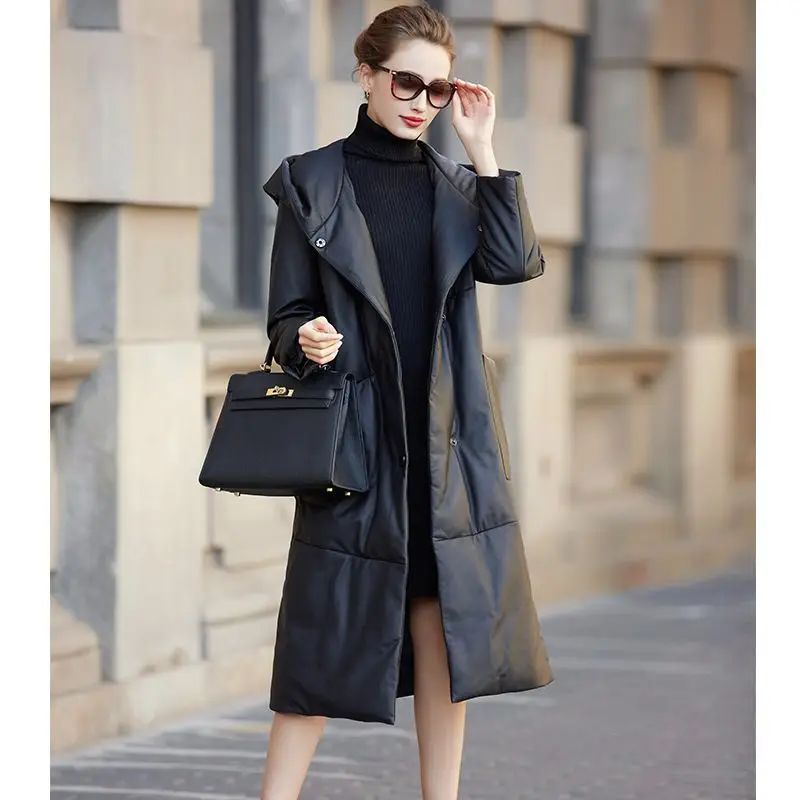 Black Pu Leather Jacket Women Winter Coats Mid Long Fashion Sheepskin Hooded Down Cotton Parka Thick Warm Female Clothing Padded