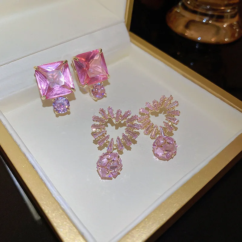 

2022 Korean Exquisite New Style Square Love Pink Earrings Fashion Temperament Simple Versatile Earrings Women's Jewelry
