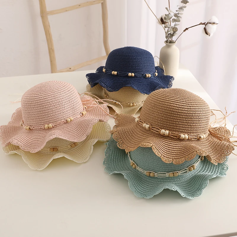 

Women/Kid Girls Sun Visor Hat Outdoor Beads Ruffled Wide Brim Straw Cap Beachwear Fashion Hats