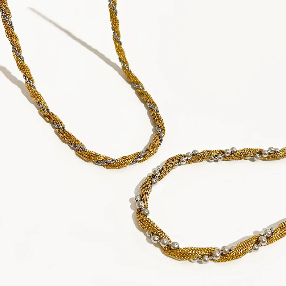 

Peri'sBox Chunky Two Tone Twisted Mesh Chain Necklace Women Retro Double Chains Braided Necklaces Stainless Steel Tarnish Free
