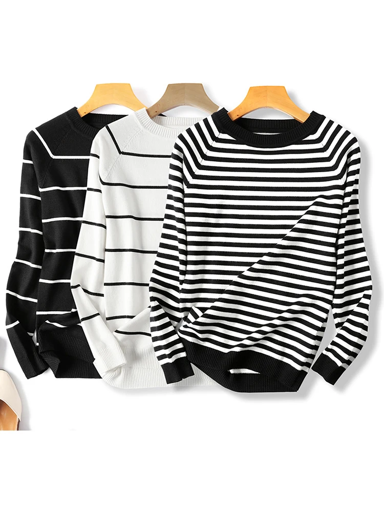 

CHSDCSI Knitted Jumper Female Sweater Autumn Winter Long Sleeve Striped Women Pullover O-Neck Tops Pull Femme White Black 2022