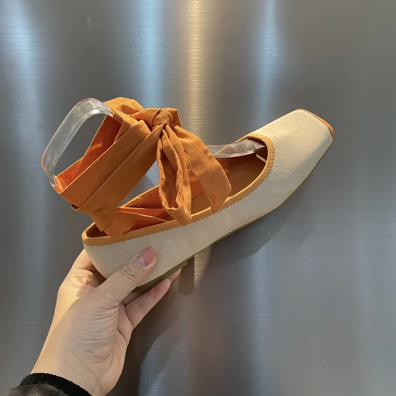 Балетки женские классические квадратный носок на шнуровке плоская подошва