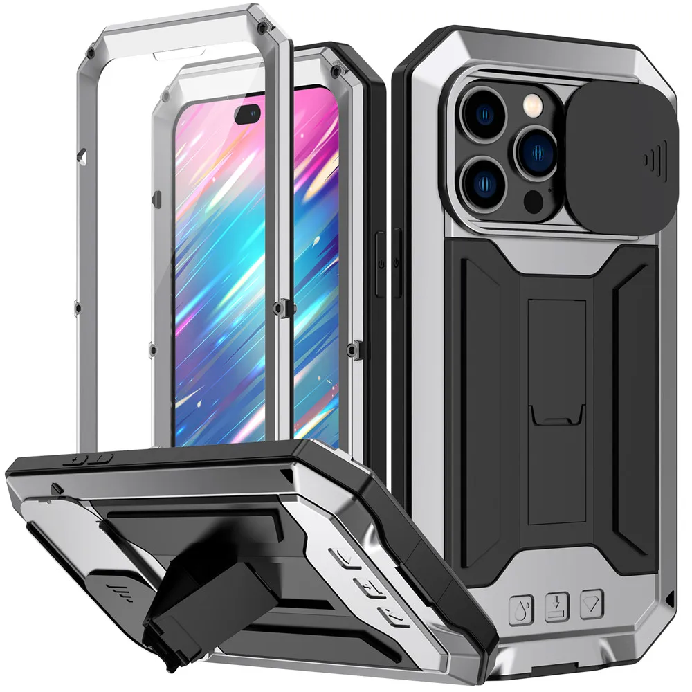 

Heavy Shockproof Metal Case for iPhone 14, Tempered Glass 360 Full Protection Cover 13, 14 Pro Max, Slide Camera Pr
