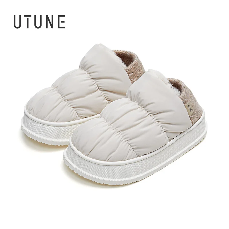 

UTUNE Women Winter Home Slippers Down Cloth Splash-proof Men's Outside Shoes Warm Thick Plush Platform House Flat Easy Wear Shoe