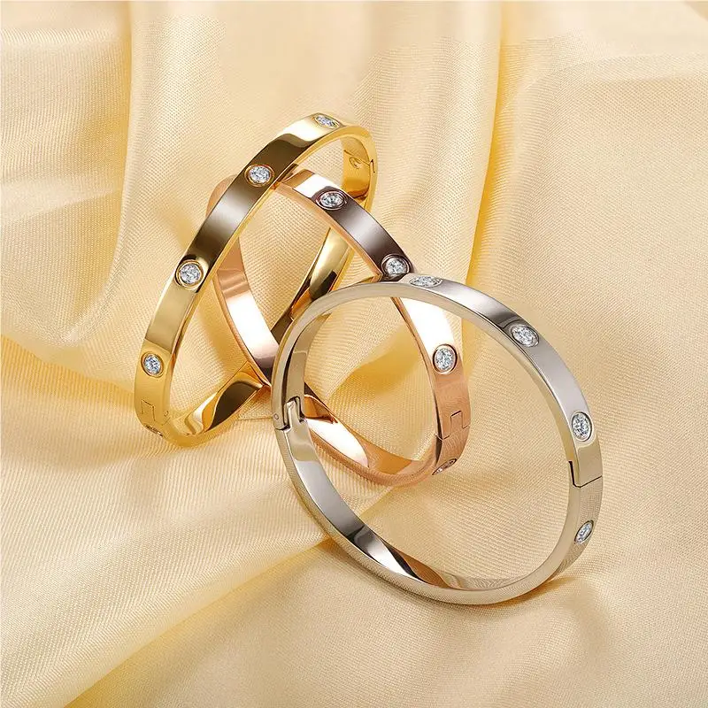 

G&D Luxury Fashion Minimalist Titanium Steel Gold Bangle Non-fading Design Inlaid Zircon Bracelet for Women Jewerly Party Gift