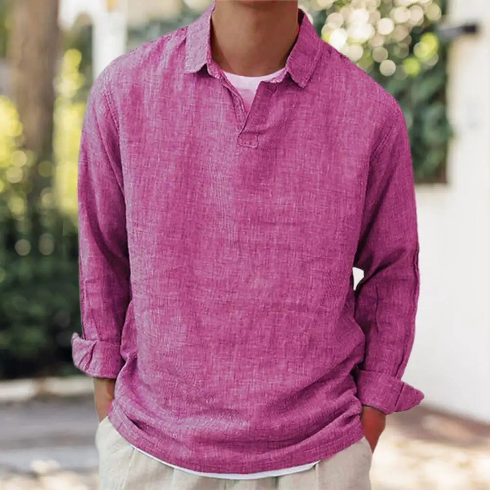 

Men Shirt Lapel Long Sleeves Male Shirt Solid Color Loose Pullover Top