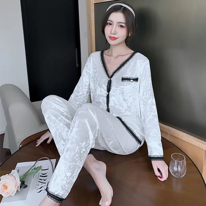 

Autumn and Winter New Pajamas Womens Gold Velvet Plus Size Womens Pajamas Set V-neck Sweet Home Service Two-piece Suit