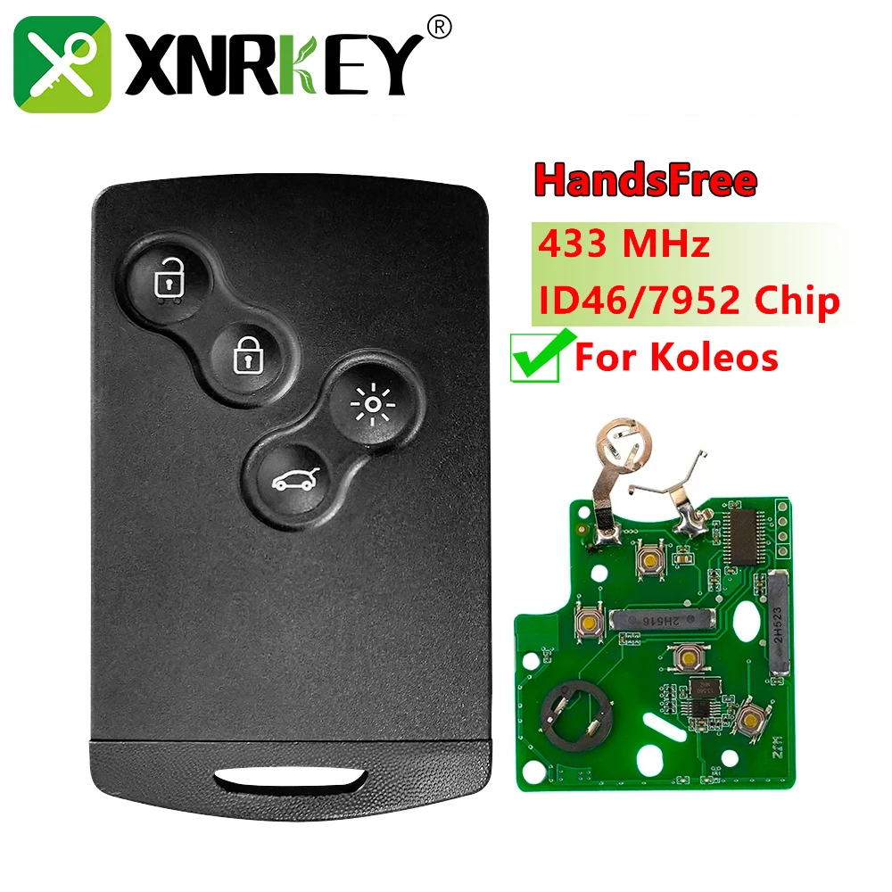 

XNRKEY 4 Button Smart Card Remote Car Key PCF7952 Chip 433Mhz for Renault Koleos Replacement Hands Free Card