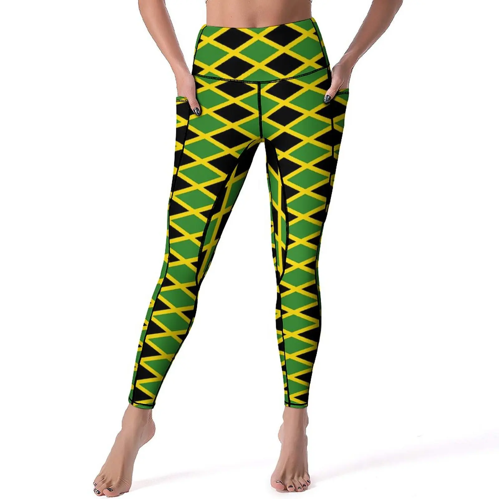 

Flags of Jamaica Leggings Pockets Black Green Graphic Yoga Pants High Waist Fitness Yoga Legging Novelty Elastic Sports Tights