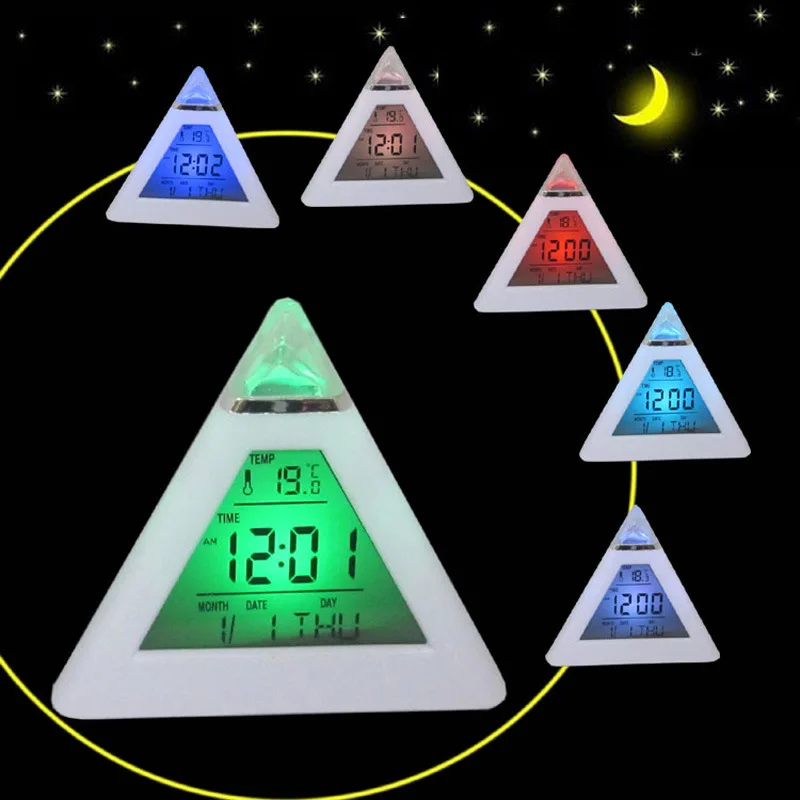 

Digital Clock 7 Color Changing LED Alarm Clock Night Light Pyramid Desk Clocks Temperature Display Home Bedroom Office Decor