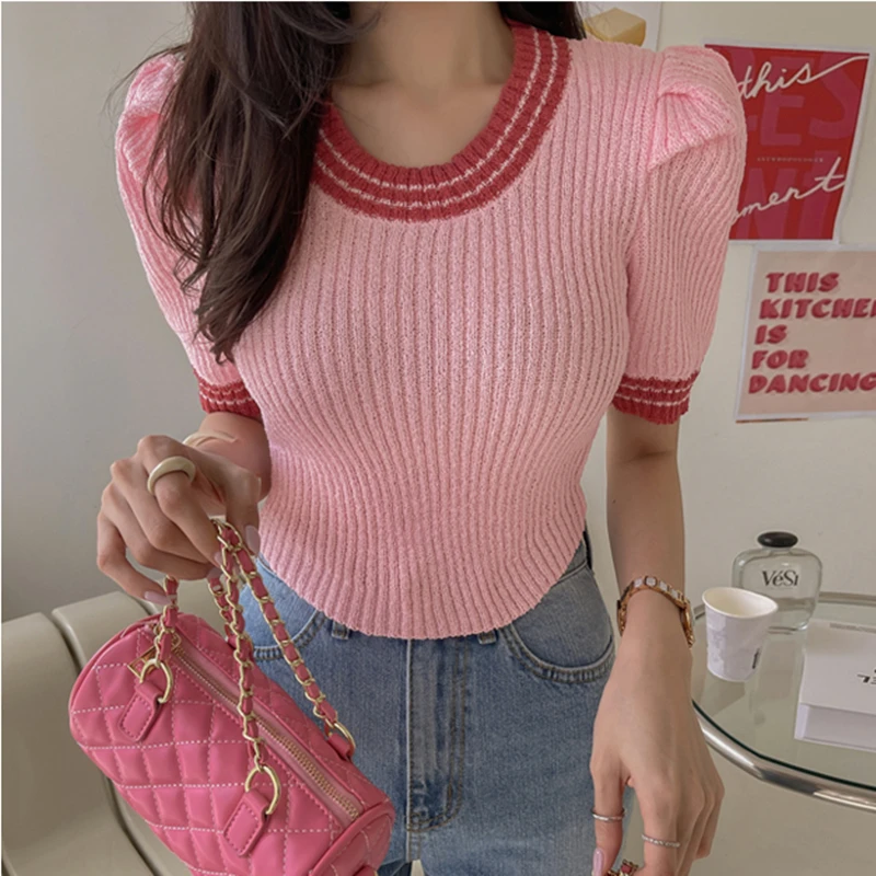 

Korean Knit Tops Women Summer Striped Round Neck Bubble Short Sleeve Thin Knit Tops Fashion Casual Commuter Shirt Pink White