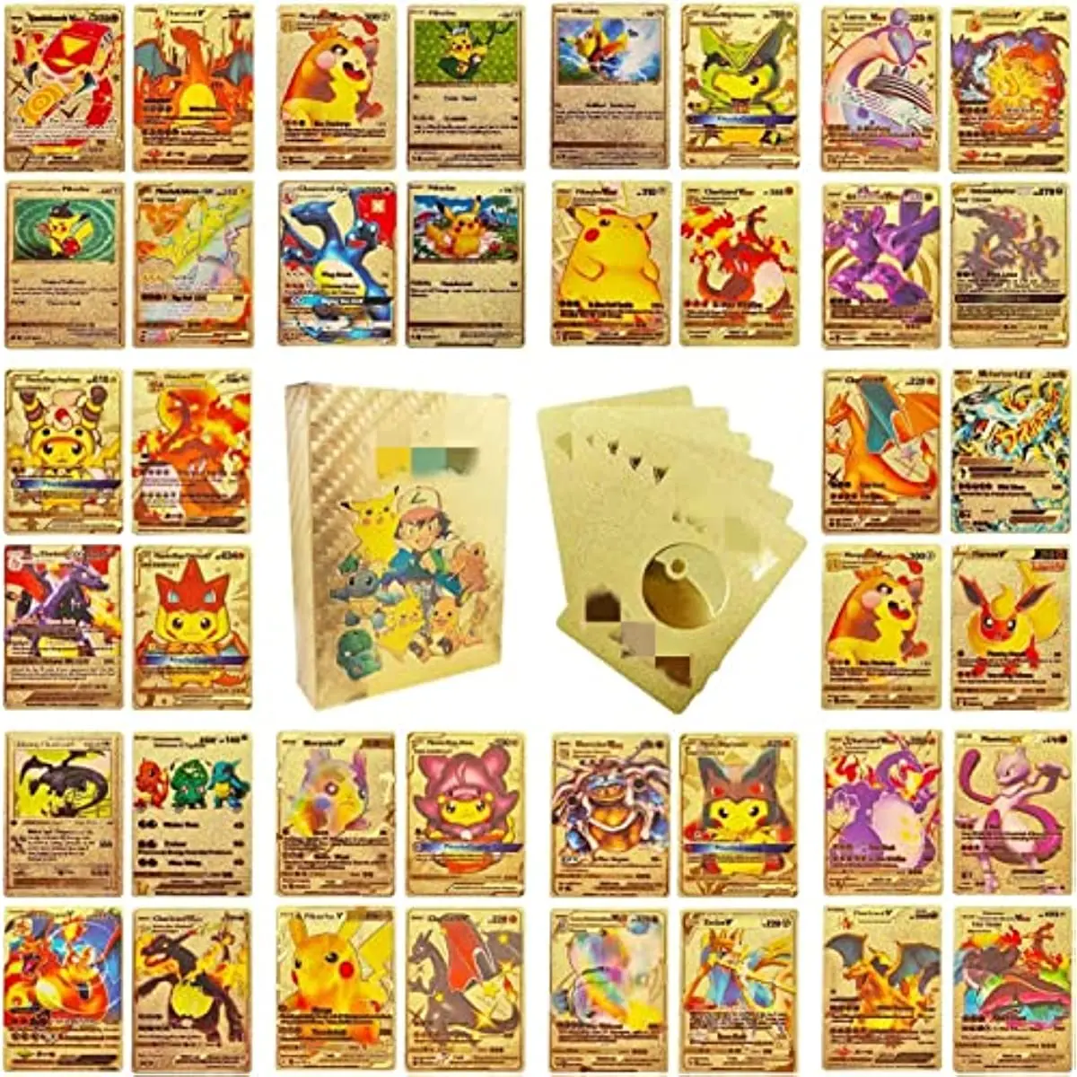 

55 PCS No Duplicates Gold Foil Cards Gold Plated Assorted Cards Pack Charia Golden Vmax Dx Gx TCG Vmax Gold Plated Card