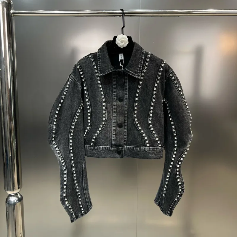 

PREPOMP 2023 Autumn New Arrival Turn Down Collar Long Sleeve Bright Diamonds Denim Ajcket Fashion Coat Women GL788