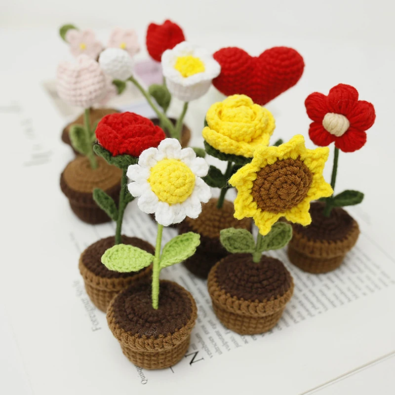 

Hand Knitting Potted Plants Hand-woven Rose Sunflower Tulip Crochet Flower Auto Interior Accessories Car Decoration Ornament