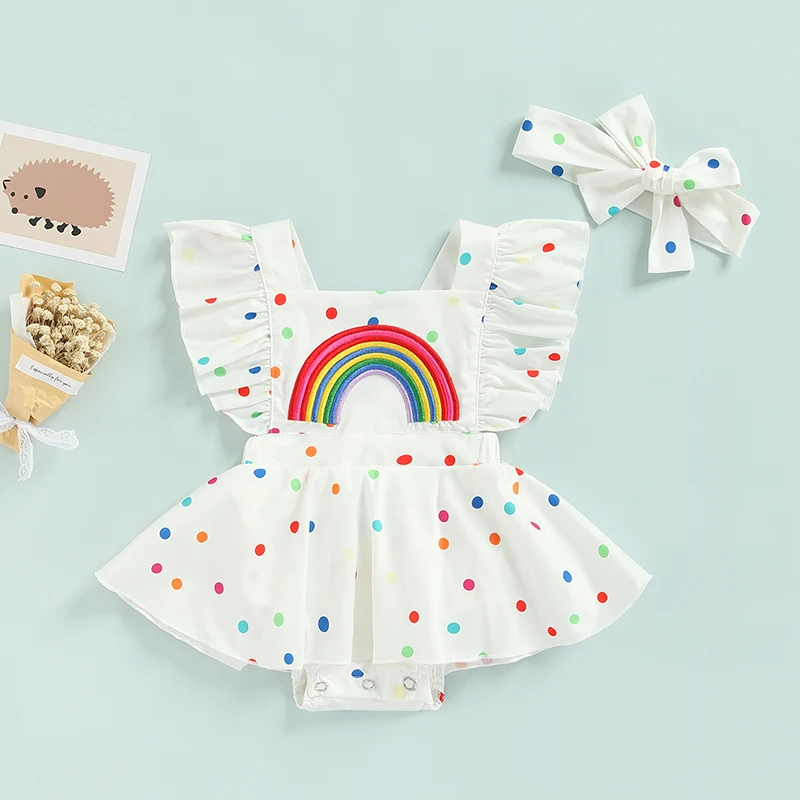 

0-24M Lovely Toddler Baby Girls Summer Romper Dress Rainbow Dots Printed Ruffle Short Sleeve Backless Jumpsuits Clothes Outfits