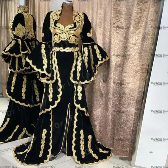 Traditional Kosovo Albanian Prom Formal Dresses 2025 Black Gold Lace Muslim Arabic Long Sleeve Jacket Caftan Evening Gown