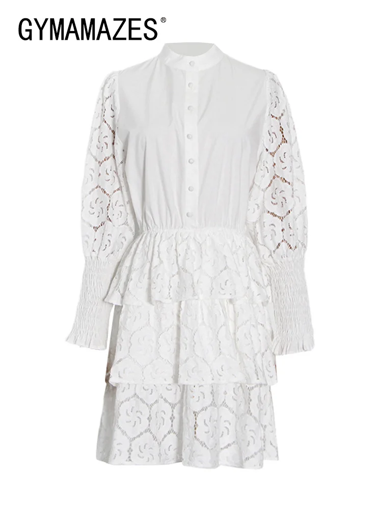 

GYMAMAZES Lace Panel Spring Hollow Out Mini Dress For Women Stand Collar Long Sleeve High Waist Dresses Female Fashion 2022 New