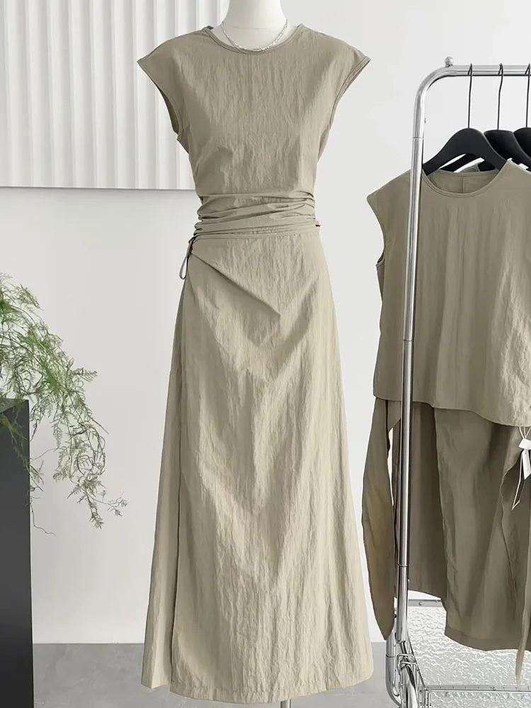 Женский комплект из двух предметов Однотонная футболка без рукавов с круглым