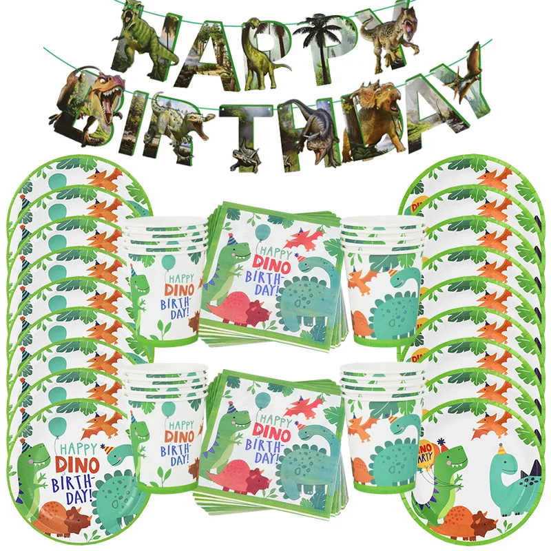 

Dinosaur Theme Happy Birthday Disposable Tableware Paper Plates Napkins Cups Jungle Party Decorations Baby Shower Kids Favors