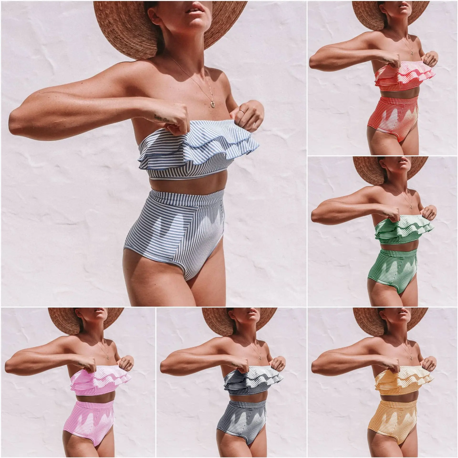 

Striped Bikini 2019 New Arrival Strapless Sexy Bikinis High Waist Swimwear Women Ruffles Swimsuit Brazilian Biquini