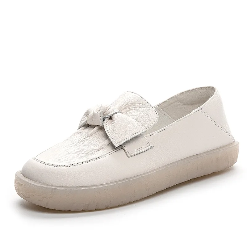 

Super Soft Genuine Leather Pregnant Woman Non-slip Tendon Outsole Bowtie Flats Nurse Summer Slip-on White Loafers Driving Shoes