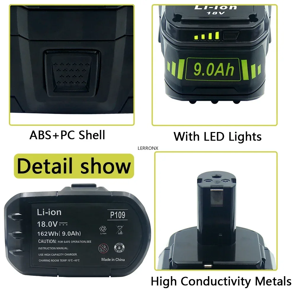 Литий-ионная аккумуляторная батарея 18 В 9000 мАч для Ryobi ONE + P108 P109 P106 P105 P104 P103 RB18L50