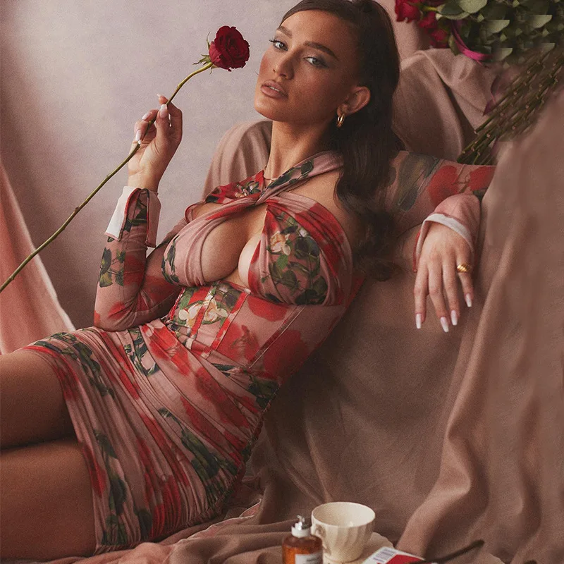 

Платье женское бандажвечерние с принтом, пикантное вечернее с длинным рукавом и перекрестным вырезом, в стиле ретро, для ночного клуба, для ...