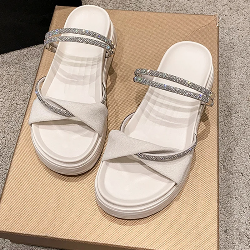 

Шлепанцы женские на платформе, дизайнерские сандалии с ремешком на пятке, хрустальные, классические, сланцы, лето 2023