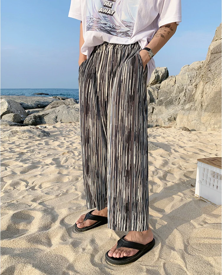 

Tie Dye Pleated Pants Sstraight Loose Elastic Waist Trousers Thin Summer New Casual Trend Tide Chic Pants Male 12A1278