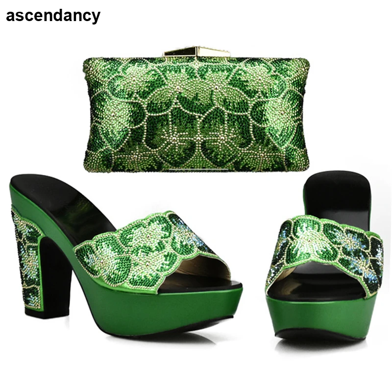 Новейший комплект из обуви и сумки зеленого цвета в нигерийском стиле Комплект