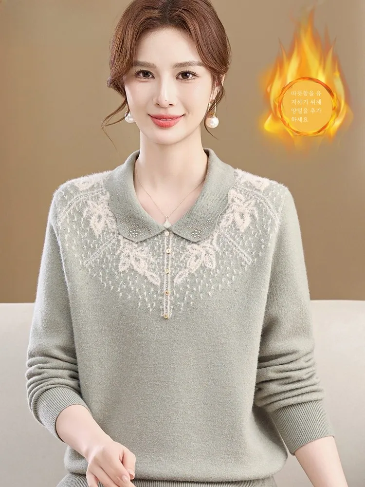 Middle-aged Women Dress Autumn and Winter Fleece-lined Thickened Sweater Foreign Temperament Middle-Aged Lapel Top One-...