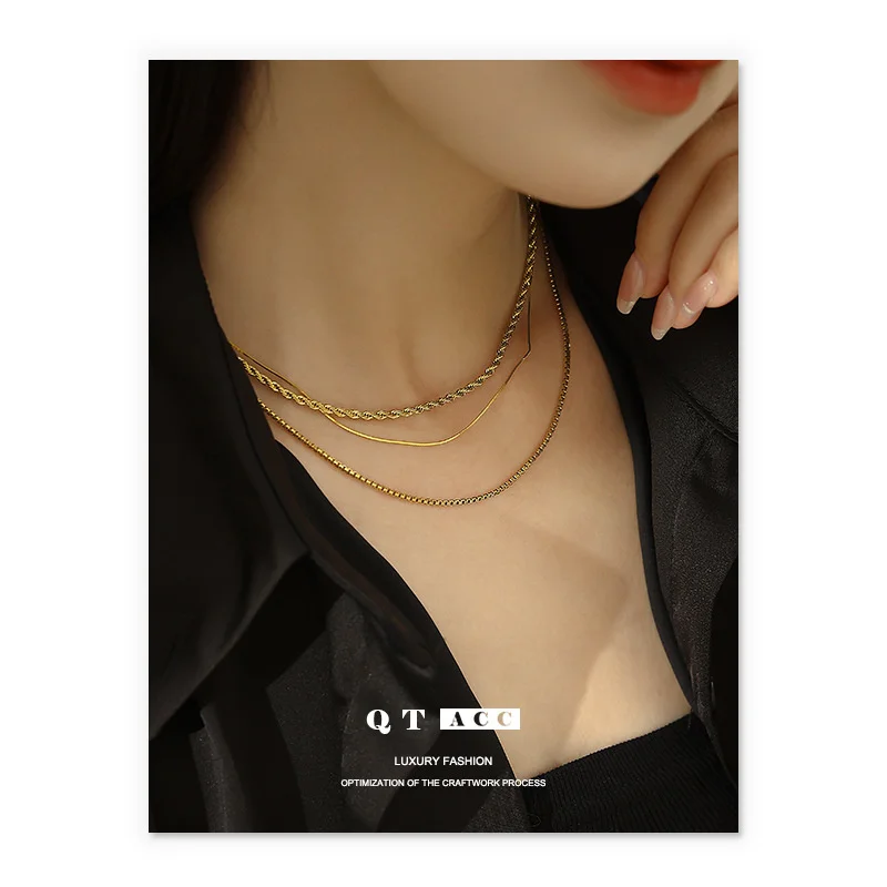 

Brass plated 18K real gold ins niche fine chain versatile basic layered necklace accessory for women