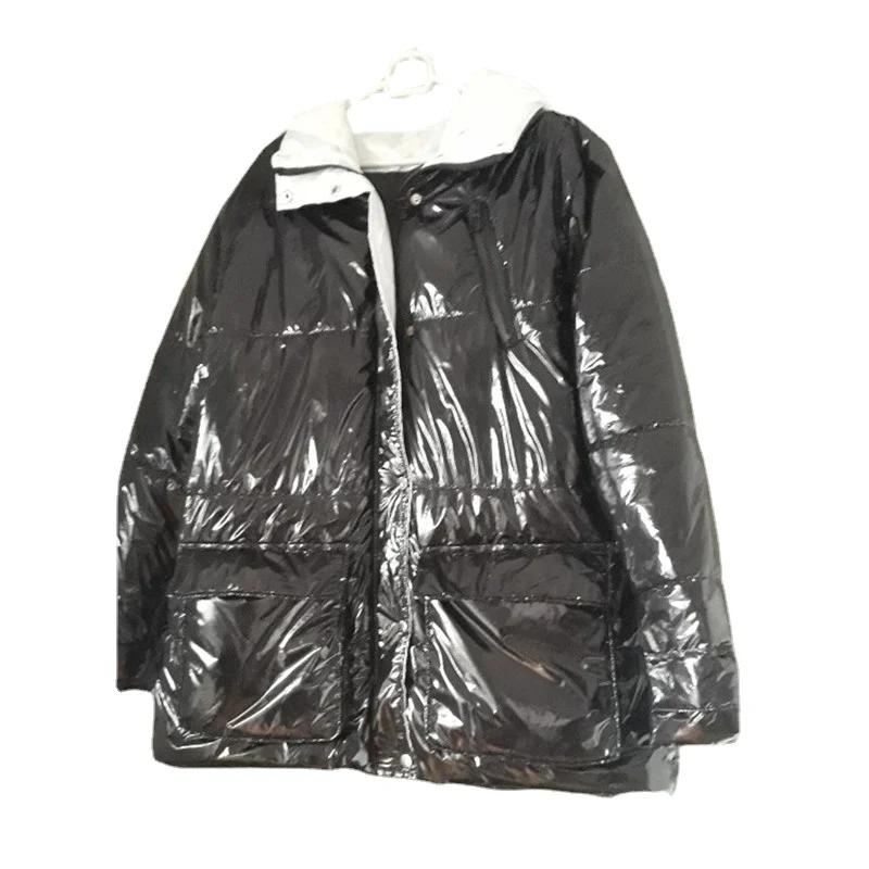 Parkas Shiny Hooded Coat Women Long Sleeve Zipper Casual Street Style Bomber Jacket Thick Warm Winter Parka Out wear Outfit 2021