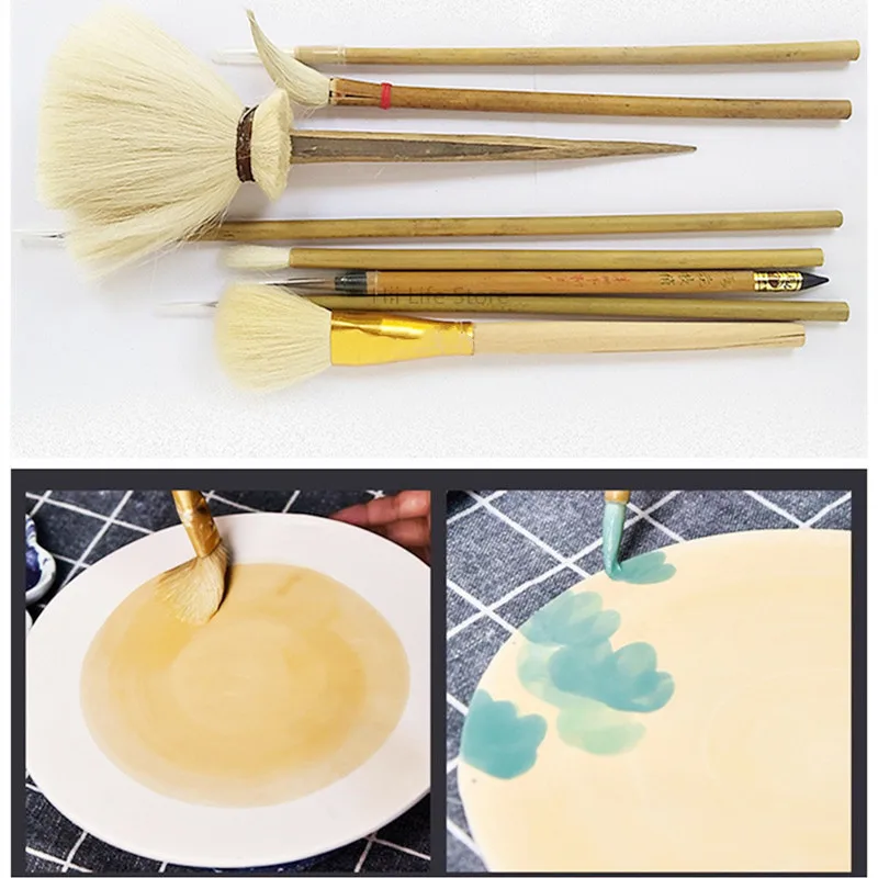 8PCS/set Pottery Writing Brush Large Head Bamboo Brush Painting Painted Hook Pen Dust Hydration Ceramic Clay Polymer Tool