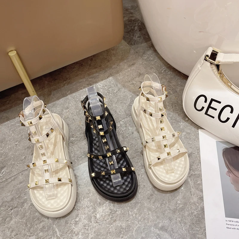 2022 Sandals Ladies Shoes Summer Clear Heels Med Muffins shoe Buckle Strap Suit Female Beige All-Match New Comfort Clogs Studded images - 6