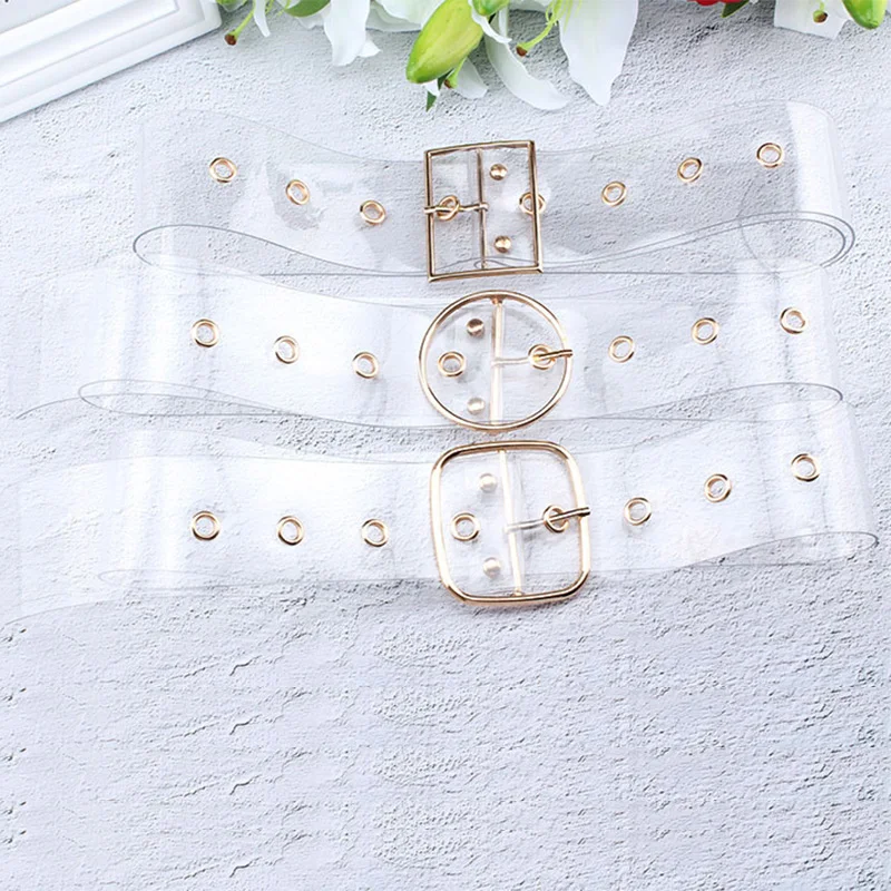 

Fashion Rivet Eyelet Wide Transparent Belt Round Square Buckle Plastic Full Grommet Belt Metal Pin Buckle PVC Clear Waist Belt