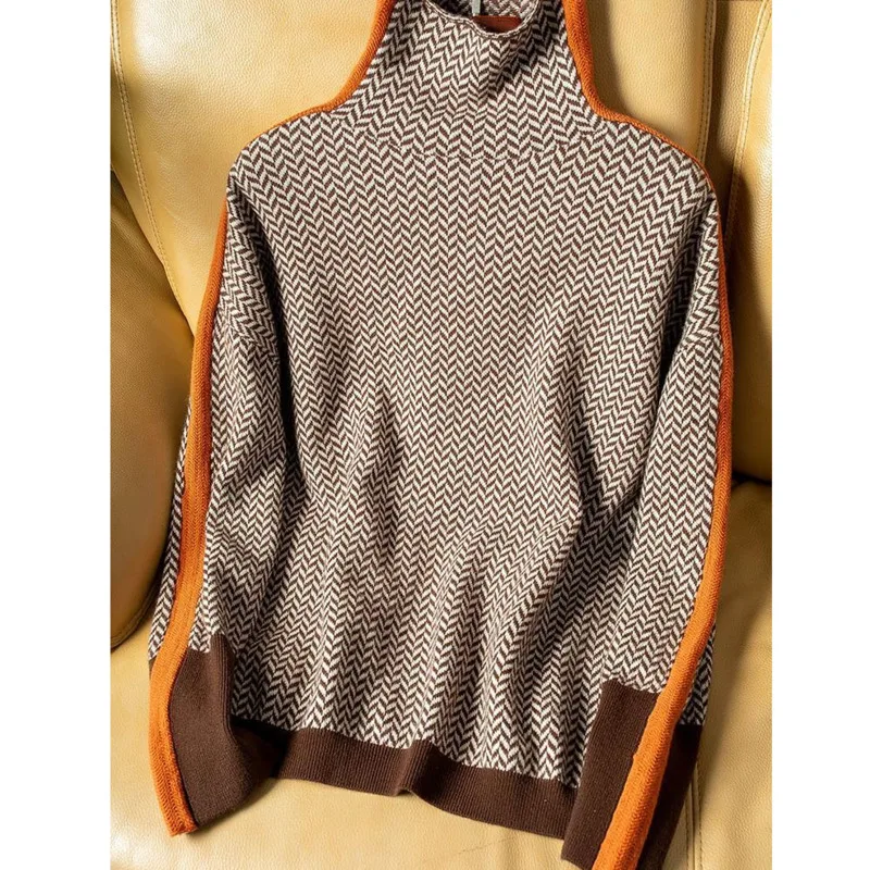 

Женский осенне-зимний свитер с воротником «хомут», теплый пуловер, элегантный Свободный Повседневный женский топ в стиле ретро контрастных...